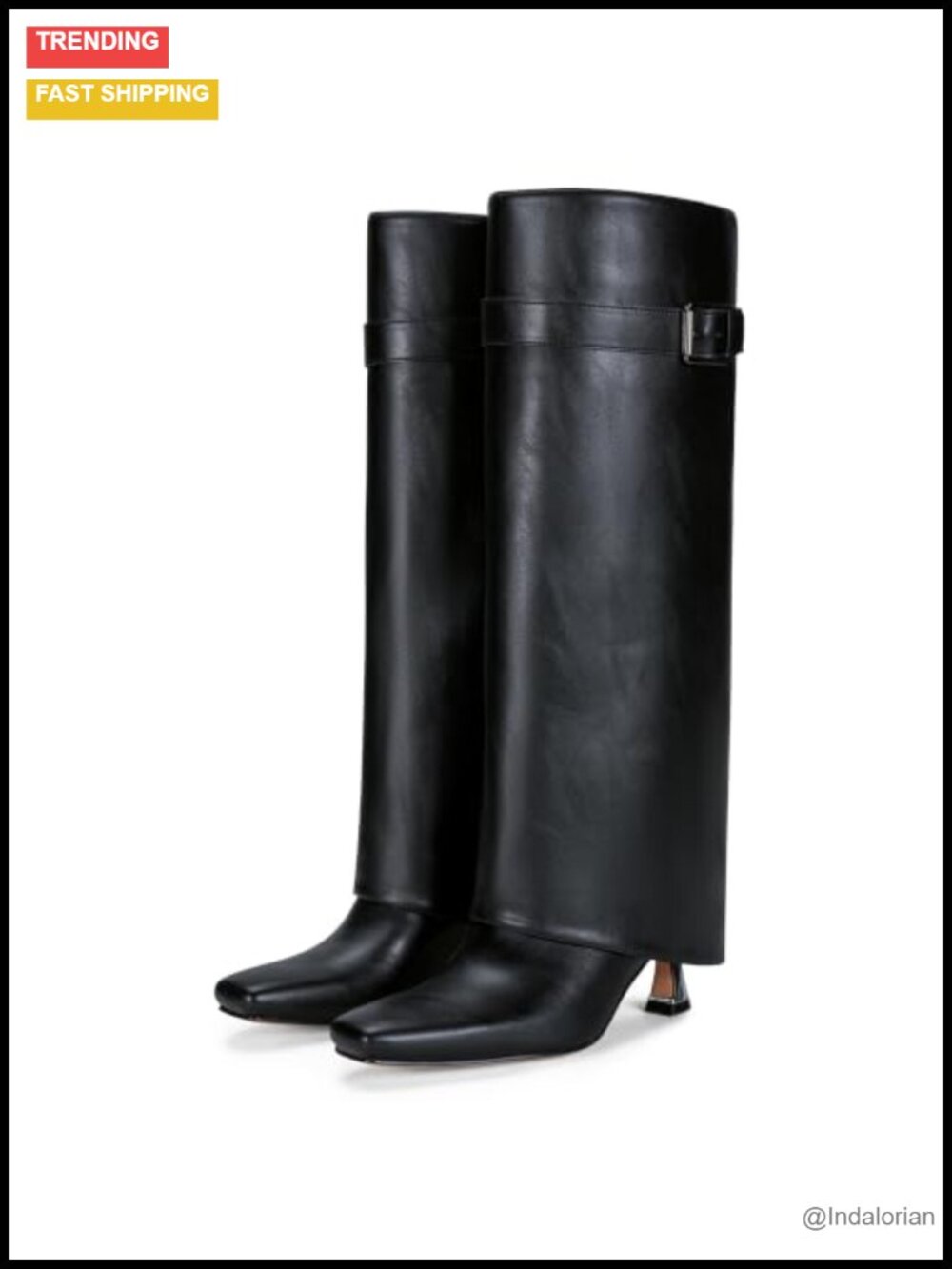 Faux Leather Knee High Fold Over Boots Square Toe Kitten Heel